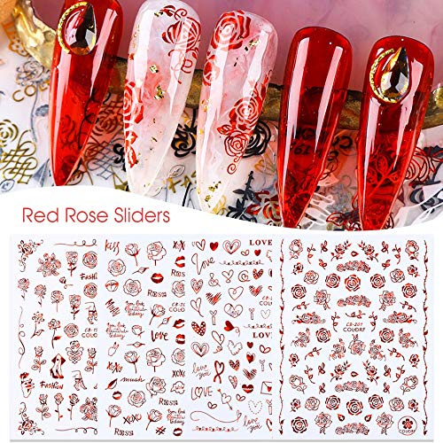 Cmaone Valentine's Day Nail Art Decals 3D Nail Self-Adhesive Stickers Red Metal Heart Roses Love Design Nail Stickers Decoration for Women Girls Kids DIY Dating Nail Art Design - BeesActive Australia