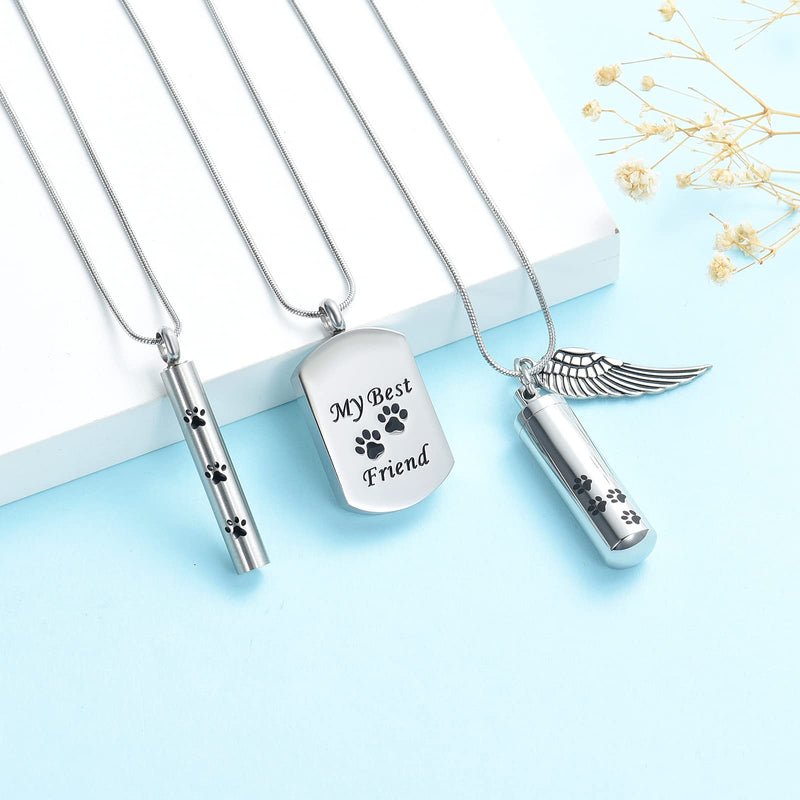 AIWENXI 3 Pieces Paw Print Urn Necklace for Ashes for Women Men Cylinder Pet Cremation Jewelry Dog Cat Memorial Ashes Pendant Silver - BeesActive Australia