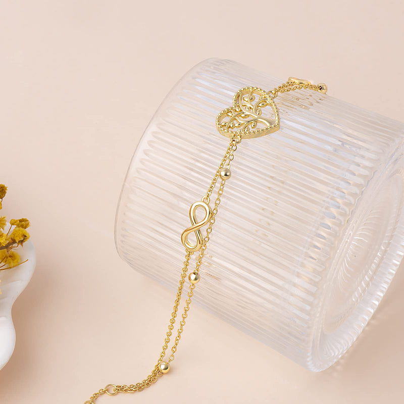G&GEMSJEW Heart Ankle Bracelet for Women, 14K Gold Plated Handmade Dainty Layered Rhinestone Anklet Gold Beaded Chain Anklet 10", Cubic Zirconia Summer Beach Foot Chain Ankle, Multi-color Optional Gold Tree of Life - BeesActive Australia