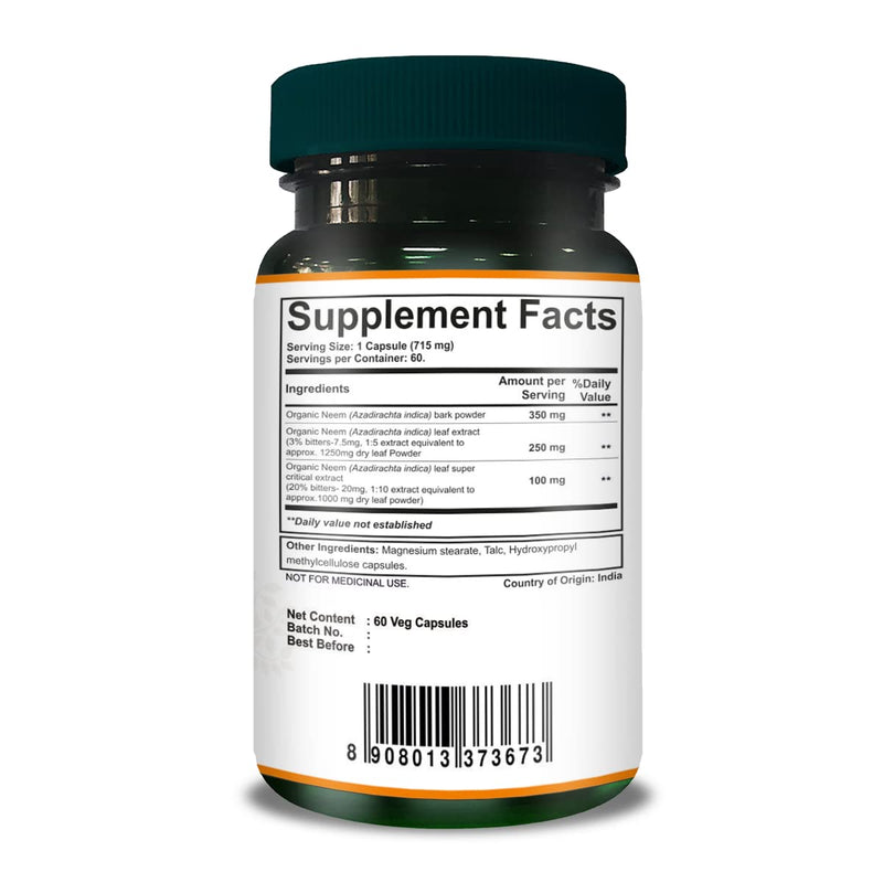 Pure Nutrition Neem Capsules 700mg. (Equivalent to 2600mg Neem Leaf Powder and Bark Powder) Non GMO | Once Daily | 60 Days Supply. 0.7 g (Pack of 1) - BeesActive Australia