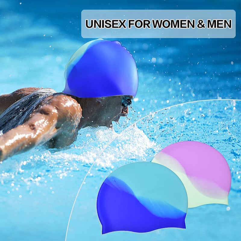 (2 Pack) ZmZmBay Swim Caps for Long Hair , Durable Silicone Swimming Caps for Women Men Adults Youths Kids, Multi Color and Waterproof Bathing Cap,Easy to Put On and Off - BeesActive Australia