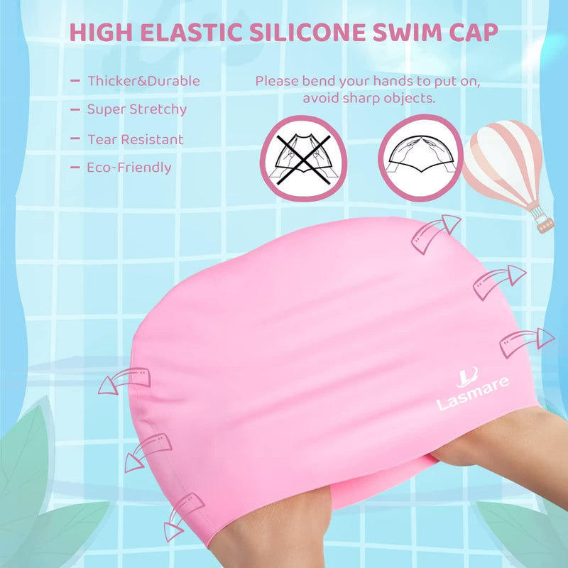Kids Long Hair Swim Cap for Girls Boys, 3 Size Silicone Swimming Cap for Age 1-15 Toddler Children Teens, Waterproof Swim Hats Bathing Caps with Ear Plugs & Nose Clip to Keep Hair Dry Pink Age 3-8 - BeesActive Australia