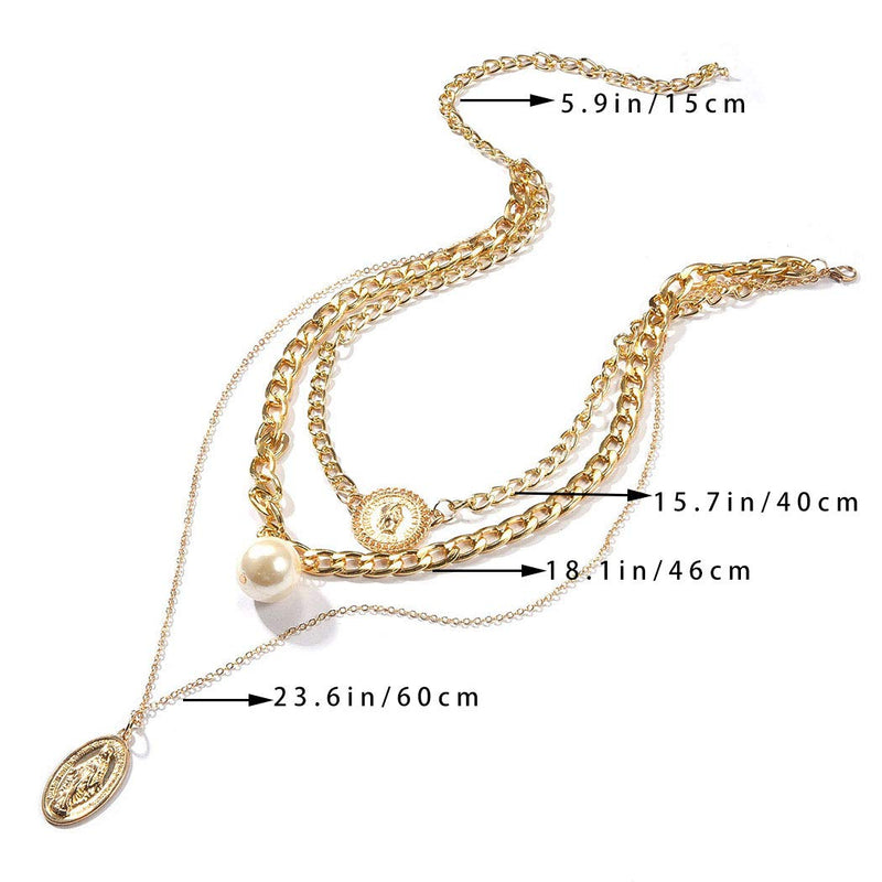 Chicque Punk Layered Necklace Pearl Coin Necklace Chain Long Virgin Mary Pendant Necklace Jewelry for Women and Girls (Gold) - BeesActive Australia