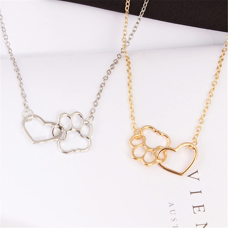 COLORFUL BLING Dog Cat Paw Print Pet Footprint Necklace for Women Girls Double Hollow Cute love Charm Creative Doggy Puppy Cat Animal Forever Love Heart Pendant Necklace Jewelry for Pet Lover Girls (Heart and Paw Print) Silver - BeesActive Australia