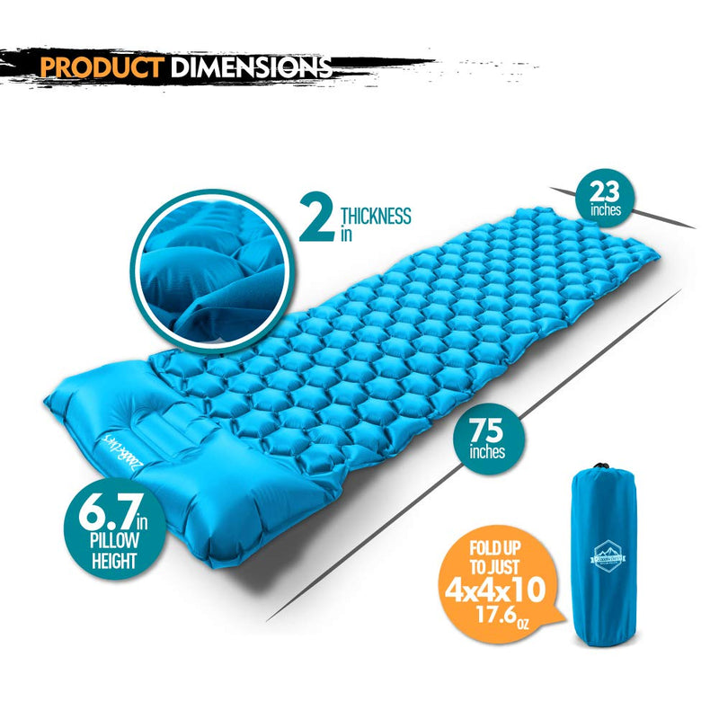 ZOOOBELIVES Ultralight Sleeping Pad with Built-in Pillow, Inflatable Camping Mattress for Backpacking, Traveling and Hiking, Compact and Portable Camp Mat Aqua Blue - BeesActive Australia