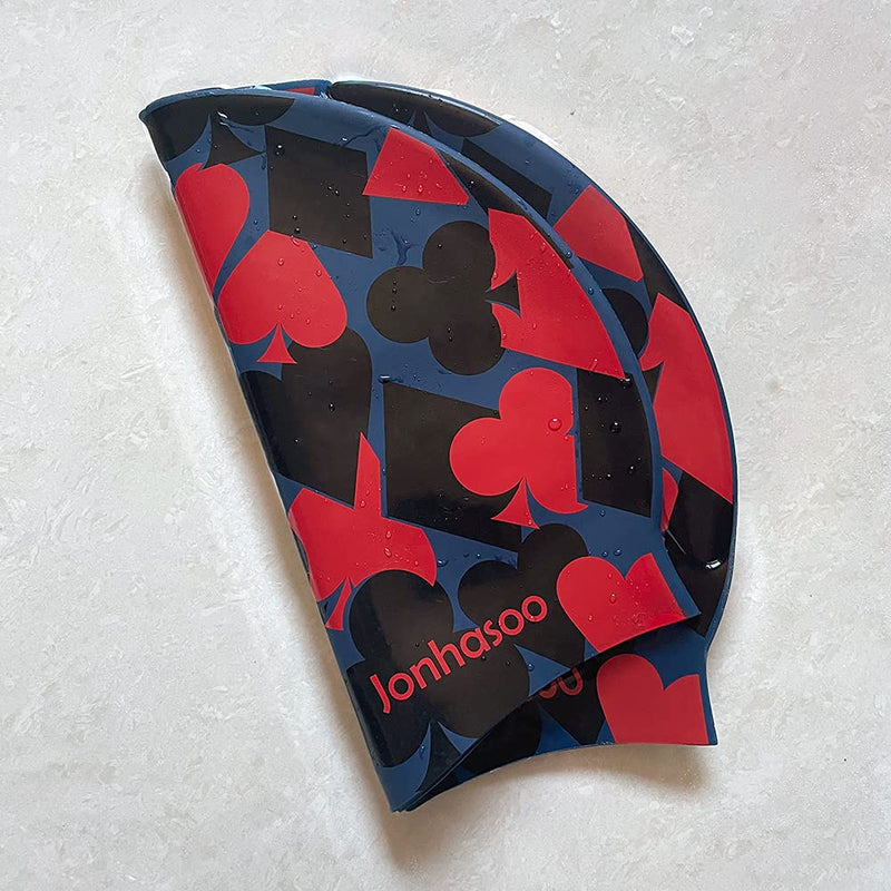 Jonhasoo Silicone Swim Cap for Women, Waterproof Swimming Caps with Poker Printed Navy-Red - BeesActive Australia