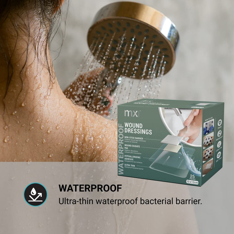 mx HEALTH Waterproof Wound Dressing Film+PAD - 10X12CM (5X6CM Wound PAD) - 25 Individually Wrapped DRESSINGS PER Box - BeesActive Australia