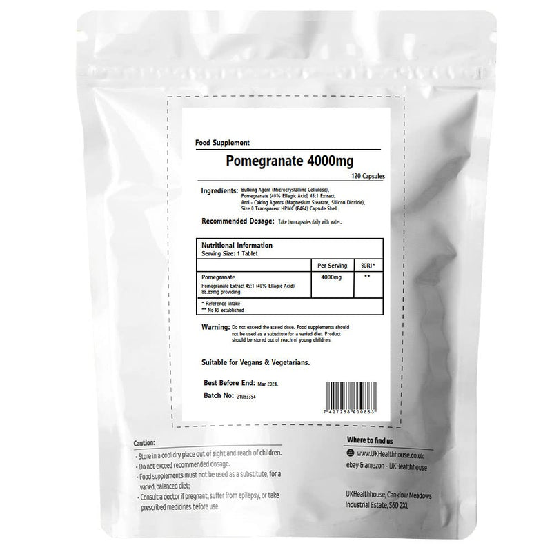 Pomegranate Capsules 4000mg x 120 - 40% Ellagic Acid, Heart Health, Immune System Support, Antioxidant Supplement, Irradiation Free, Non GMO, Vegan - BeesActive Australia