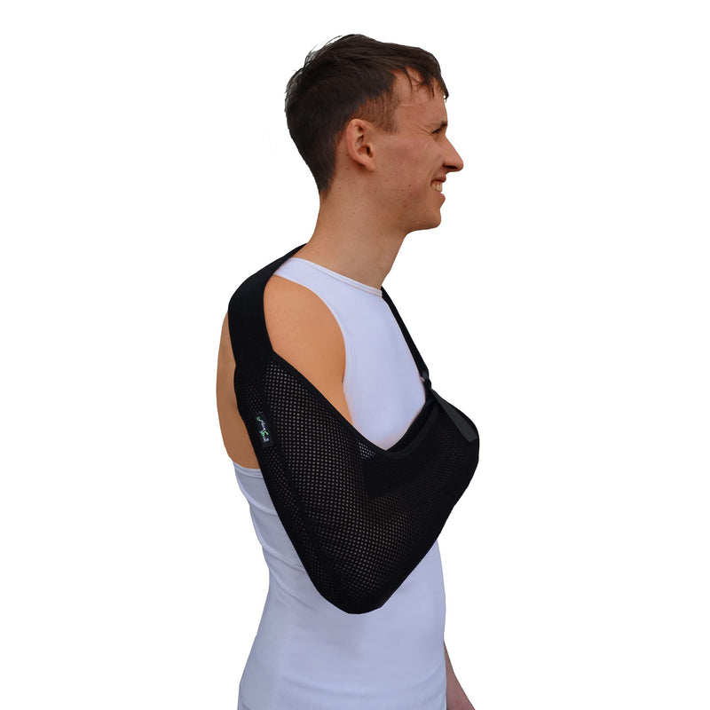 Adult ONE Size Arm Sling Shoulder Support (Black/Black) Medically Approved, Cool, Easy Fit, Thumb Loop, Unisex. Black/Black Trim - BeesActive Australia