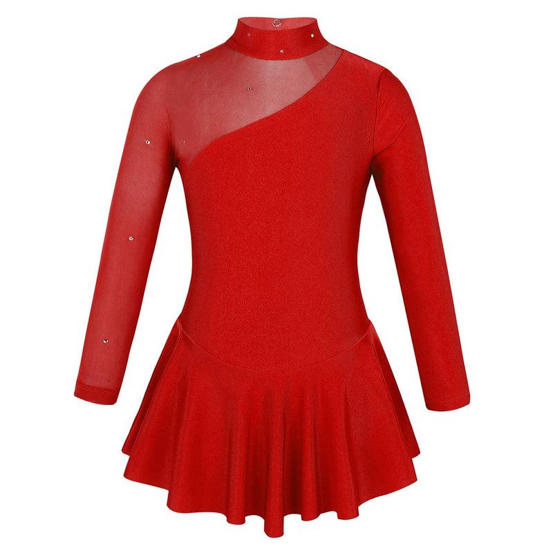 [AUSTRALIA] - winying Girls Mock Neck Long Sleeves Tulle Splice Cut Out Back Roller Ice Figure Skating Dress Ballet Dancewear Red 12 