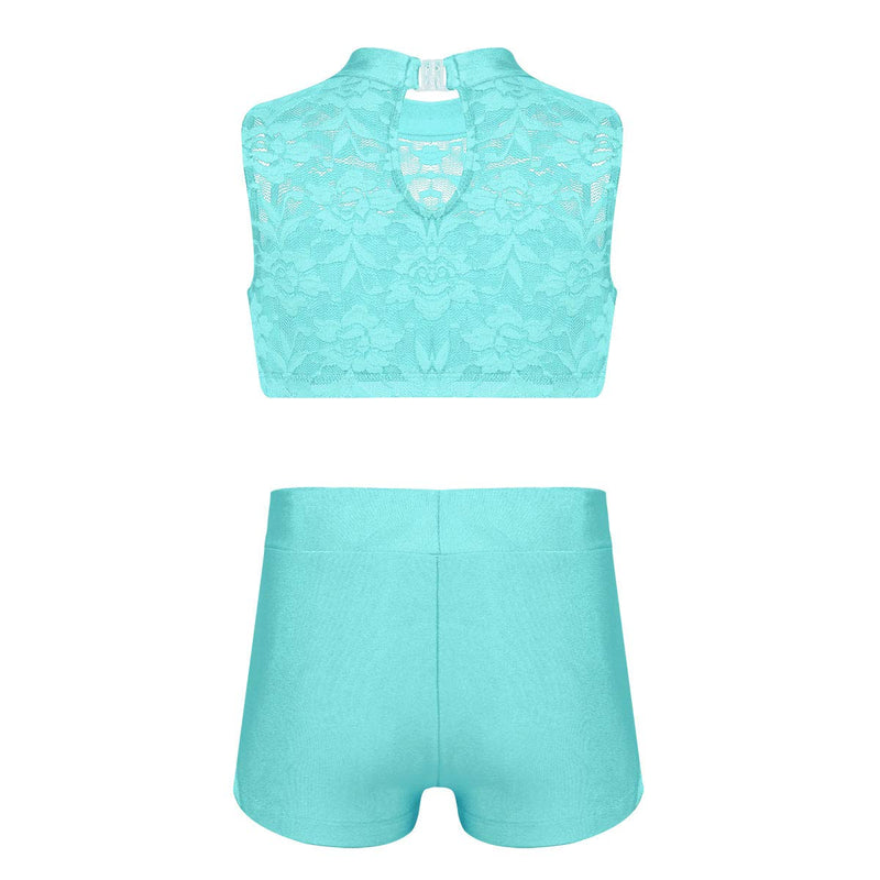 [AUSTRALIA] - Freebily 2PCS Girls Tankini Dance Dress Outfit Floral Lace Crop Top with Booty Shorts Sports Gymnastic Ballet Costume Mint_green 10 