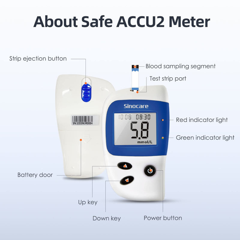 Blood Sugar Monitor, Sinocare Safe Accu2 Blood Sugar Test Kit with 100 Test Strips, 100 Lans, Light Indicator, No Coding, Easy to Use, Diabetes Testing Kit Home Use UK, mmol/L Blood Sugar Test Kit - 100 - BeesActive Australia