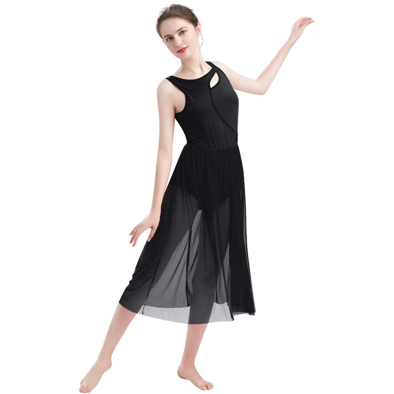 ODASDO Women Lyrical Dance Dress Modern Contemporary Dancewear Cut Out Front Mesh Tulle Skirt Backless Tank Leotard Small Black - BeesActive Australia