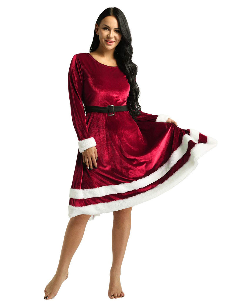 [AUSTRALIA] - moily Women's Soft Velvet Christmas Long Sleeves Knee Length Dress Santa Clause Cosplay Costume Red Medium 