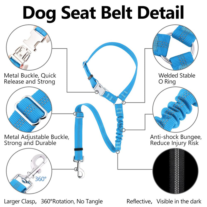 Plutus Pet Dog Seat Belt for Car Headrest, Reflective and Adjustable Restraint with Elastic Bungee for Safety, Vehicle Seatbelt Harness for Small Medium Large Dogs and Cats Blue - BeesActive Australia