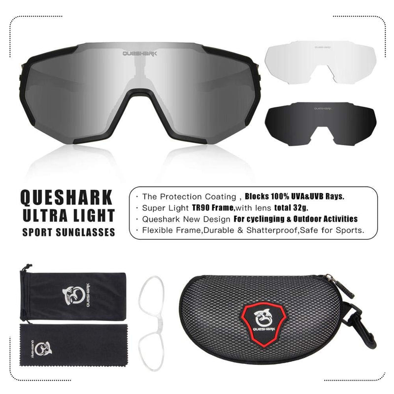 Queshark Cycling Sunglasses Bike Glasses for Men Women with 3 Lens Anti-UV400 Black - BeesActive Australia