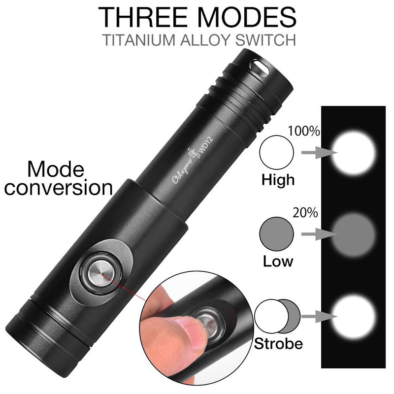 [AUSTRALIA] - Odepro WD12 Scuba Diving Flashlight 3 Modes 1050 Lumen Underwater 100m Waterproof Scuba Lights with Battery Indicator, 2pcs 3000mAh 18650 Battery, Battery Charger 