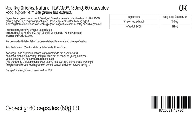 Healthy Origins, Natural Teavigo�, Green Tea Extract, 150mg, 60 Vegan Capsules, Lab-Tested, Soy Free, Gluten Free, Vegetarian, Non-GMO - BeesActive Australia