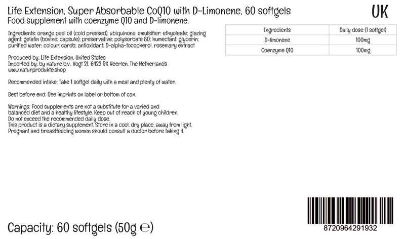 Life Extension, Super Absorbable CoQ10 with D-Limonene, 100mg Ubiquinone, 60 Softgels, Lab-Tested, Gluten Free, Soy Free, Non-GMO - BeesActive Australia