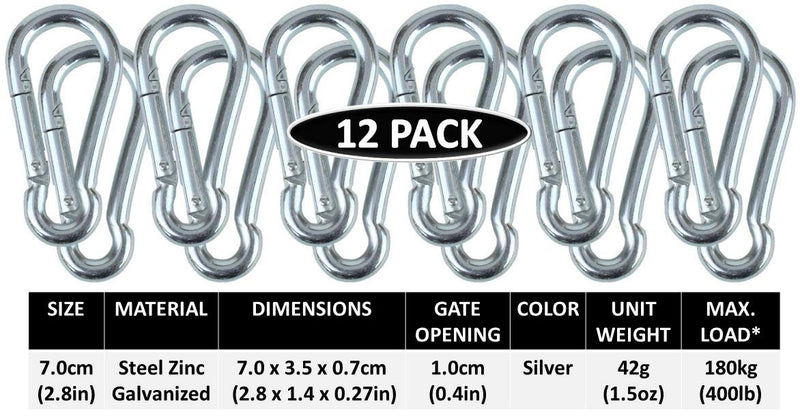Branded Boards Black & Silver Heavy Duty Bushcraft Zinc-Galvanized Steel Carabiner Spring Snap Clip Link Hooks. 200-400lb Load. 6 Packs, 12 Packs and Variety Packs. Silver-7cm-12 Pack - BeesActive Australia
