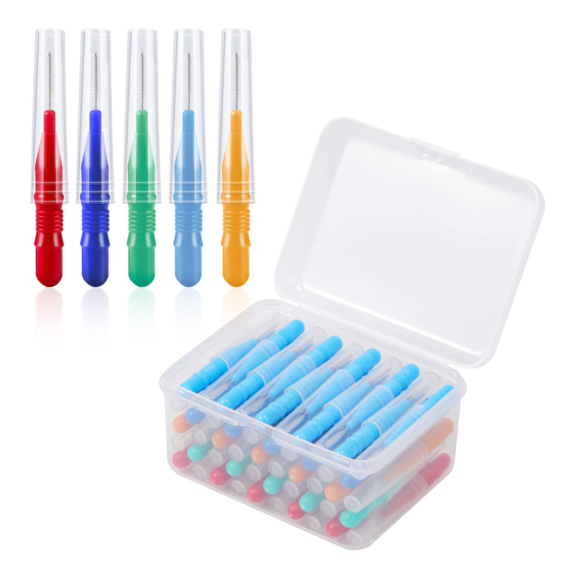 Annhua 100 Pieces Interdental Brushes, Tooth Cleaning Tool with Storage Box (Orange, Dark Blue, Red, Green, Light Blue) 100pcs - BeesActive Australia
