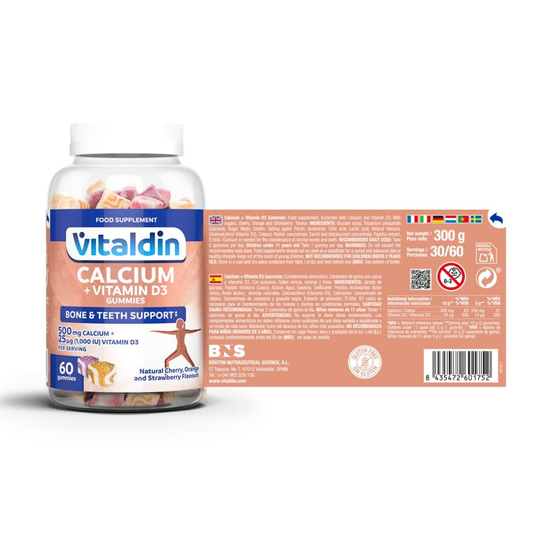 VITALDIN Calcium + Vitamin D3 Gummies � 500 mg Calcium & 1.000 IU Vitamin D per Serving � 60 Chewable Gummies (1-Month Supply); Fruit Flavour � Bone & Teeth Support � Gluten Free � for Kids & Adults - BeesActive Australia