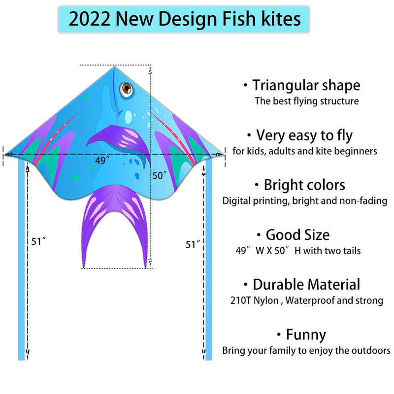 XENTUMI Fish Kite with String, Kites for Kids & Adults, Easy to Fly and Assemble, Beach Kite for Kids 4-8 8-12 Kites for Beginner Girls and Boys Delta Kites for Toddlers Age 3-5 Bule and Pink - BeesActive Australia