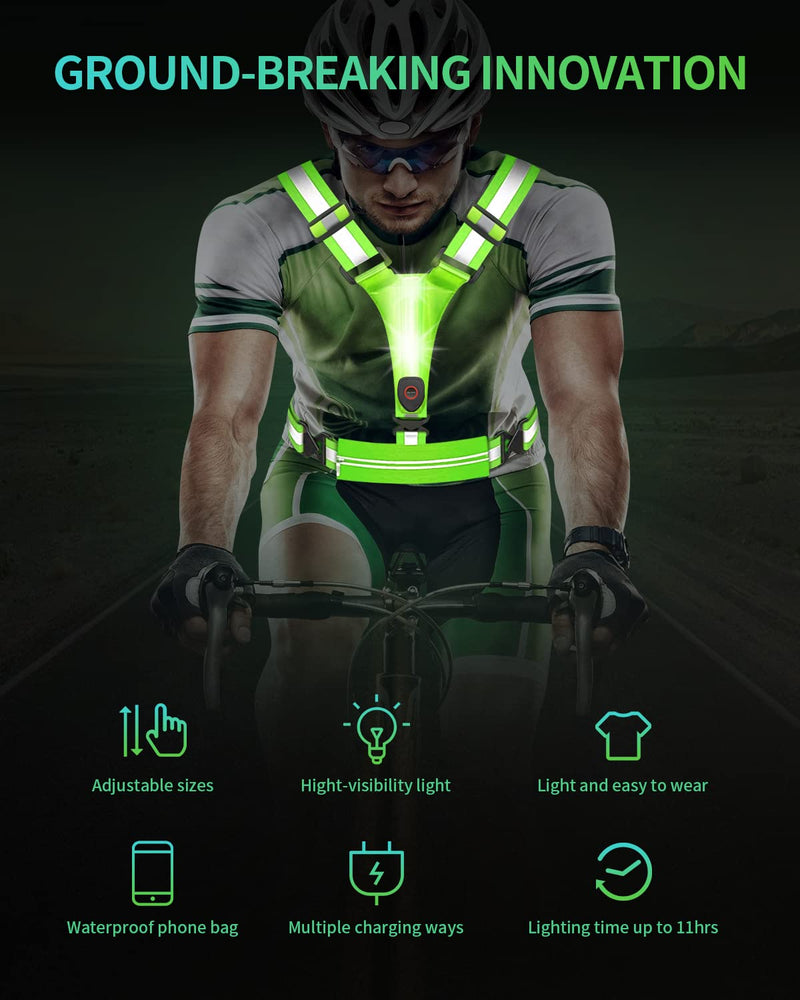 AKUSCON LED Reflective Running Vest Gear，USB Rechargeable Light Up Reflective Vest for Walking at Night, Adjustable Reflective Safety Vest for Men Women Include Mobile Waist Bag Reflective Bands Green A - BeesActive Australia