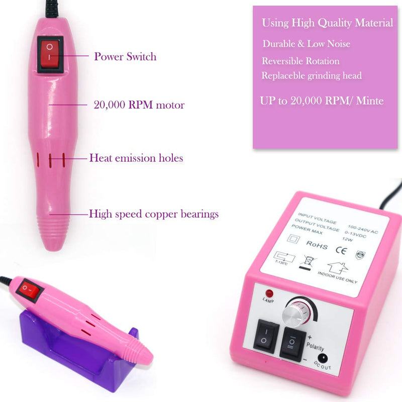 FATUXZ Electric Nail Drill,Professional Nail File Kit for Acrylic Nails, Poly Gel Nail File for Home Salon Use (Pink) - BeesActive Australia