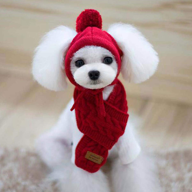 Goclothod Pet Dog Knitted Scarf and Hat Set Winter Neck Ear Warmer Red - BeesActive Australia