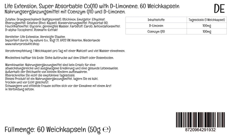 Life Extension, Super Absorbable CoQ10 with D-Limonene, 100mg Ubiquinone, 60 Softgels, Lab-Tested, Gluten Free, Soy Free, Non-GMO - BeesActive Australia
