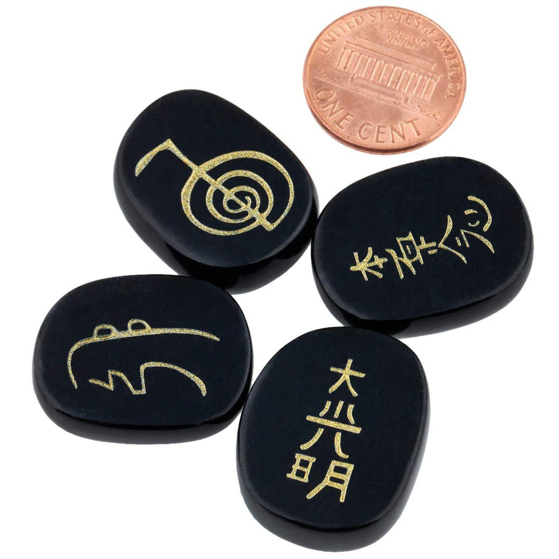 mookaitedecor Black Agate Reiki Stones,Engraved Usui Symbols Polished Chakra Palm Stone for Crystal Healing - BeesActive Australia