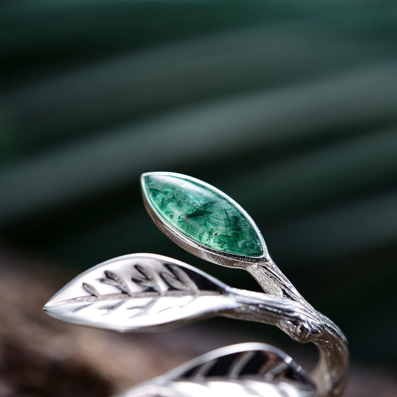 Lotus Fun 925 Sterling Silver Marquise Shape Jade Aventurine Open Leaf Rings Olive Leaf Rings Handmade Jewelry Unique Gifts for Women Mother Mom Wife Girls - BeesActive Australia