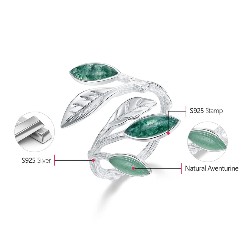 Lotus Fun 925 Sterling Silver Marquise Shape Jade Aventurine Open Leaf Rings Olive Leaf Rings Handmade Jewelry Unique Gifts for Women Mother Mom Wife Girls - BeesActive Australia