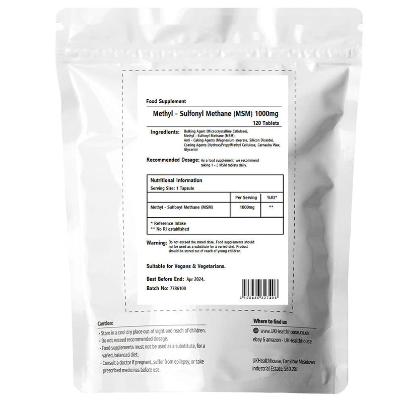 UkHealthHouse MSM 1000mg - Methylsulfonylmethane Sulphur - Healthy Joints & Bones x 120 Tablets - BeesActive Australia