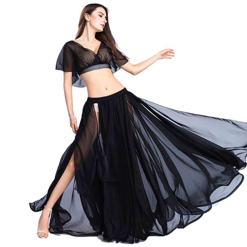 [AUSTRALIA] - ROYAL SMEELA Belly Dance Costume Set for Women Chiffon Dancing Skirt and Tops Sexy Large Swing Dancing Skirts Dress One Size Black 