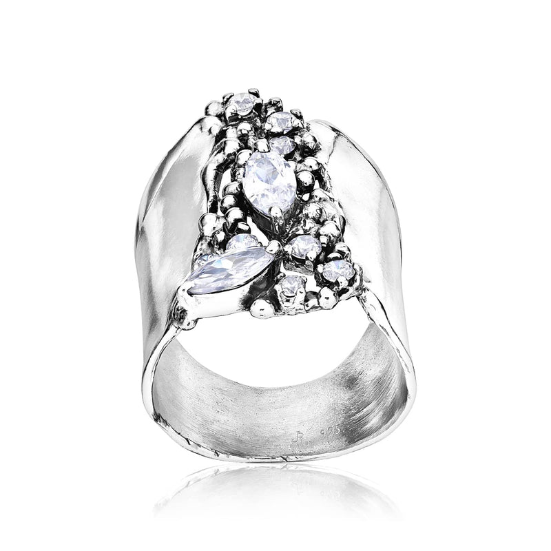 925 Sterling Silver Shield Ring With A White Round and Marquise Cubic Zirconia CZ , Floral Vintage Antique Look, Hypoallergenic, Nickel and Lead-free, Artisan Handcrafted Designer collection, Made In Israel 6 - BeesActive Australia