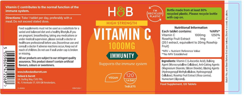 Holland & Barrett Vitamin C 1000mg - High Strength Vegan Ascorbic Acid - 120 Tablets (4 Months Supply) 120 Count (Pack of 1) - BeesActive Australia