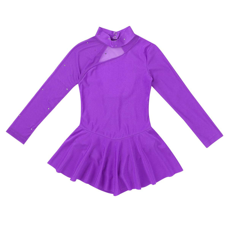 [AUSTRALIA] - MSemis Kids Girls Figure Ice Skating Dress Mesh Splice High Neck Ballet Dance Skirted Leotard Purple 10 