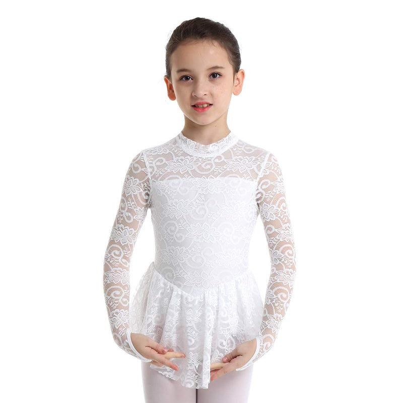 [AUSTRALIA] - JEATHA Kids Girls Lace Floral Long Sleeves Mock Neck Unitard Figure Ice Skating Ballet Leotard Dress Gymnastic Jumpsuit White 9 / 10 