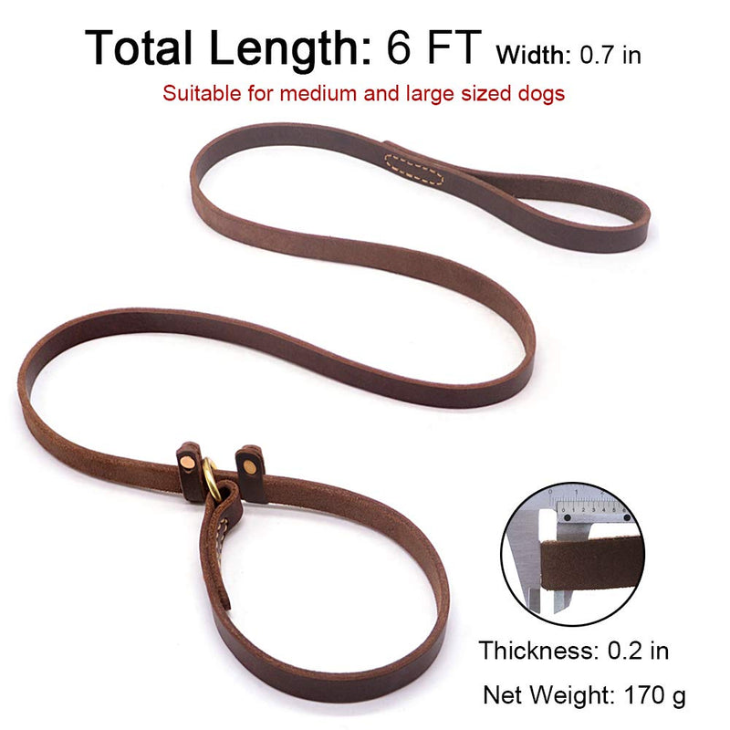 Wellbro Real Leather Slip Lead Dog Leash, Adjustable Stitched Pet Slip Leads with Slider, Heavy Duty Flat Dog Training Leashes for Medium and Large Dogs,Brown 6 Feet - BeesActive Australia