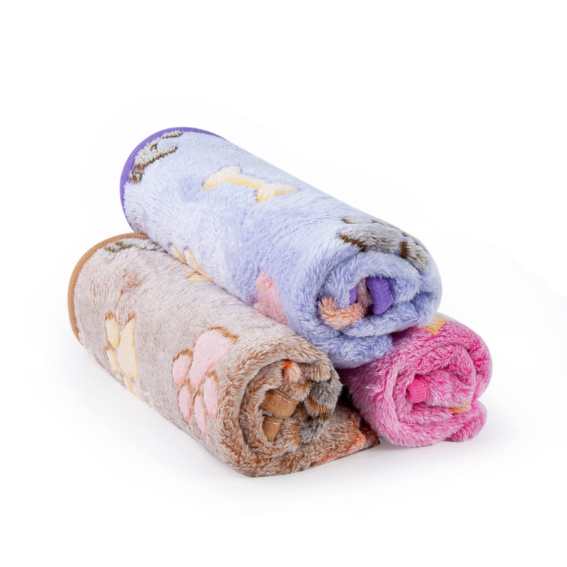 Flying Paws Dog Blankets, Machine Wash Soft Fluffy Fleece Fabric, Kitten Supplies Cute Bone Paw Print (3 Colors), Puppy Blanket for Small Dogs Warm Bed Sleep Mat Medium(30*20") Pink/Brown/Purple - BeesActive Australia