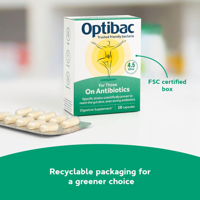 OptiBac for Those on Antibiotics | 4 Billion Friendly Bacteria Natural Supplement Course | Lactobacillus Acidophilus & Lactobacillus Rhamnosus | Researched Alongside Antibiotics | 10 Capsules, pack of 10 capsules - BeesActive Australia