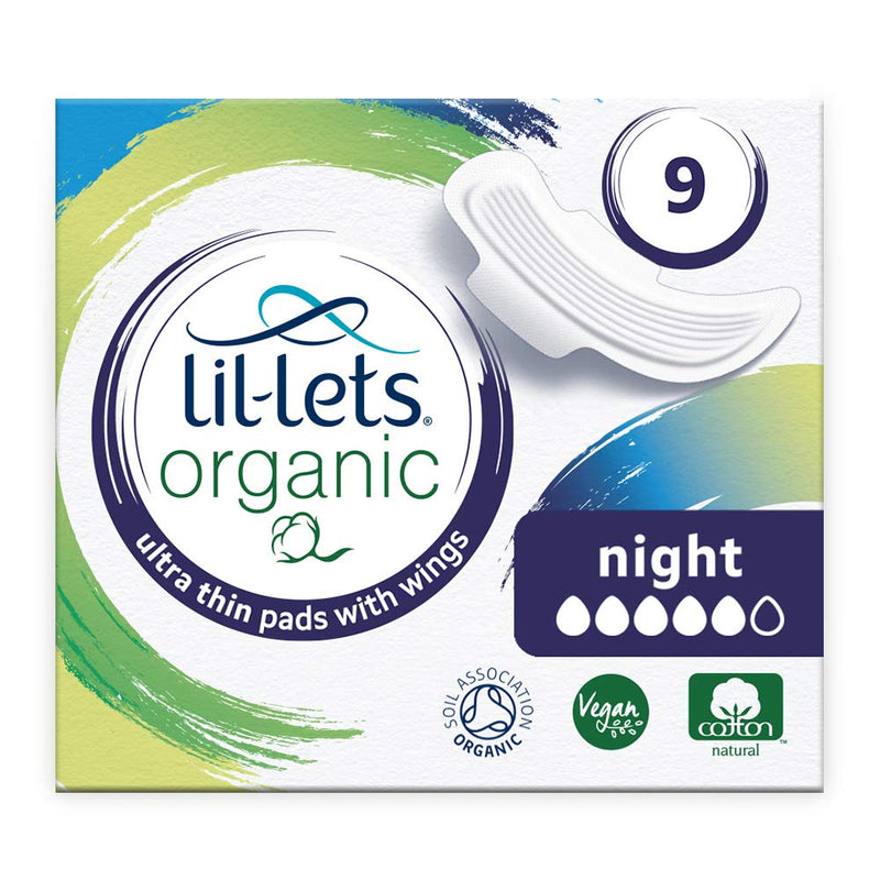 Lil-Lets Organic Cotton Night Pads, 9 Count, Ultra Thin, with Wings, for Medium to Heavy Flow, GOTS Certified, Plastic Free, Biodegradable, 100% Organic Cotton Top Cover and Absorbent Core 9 count (Pack of 1) - BeesActive Australia