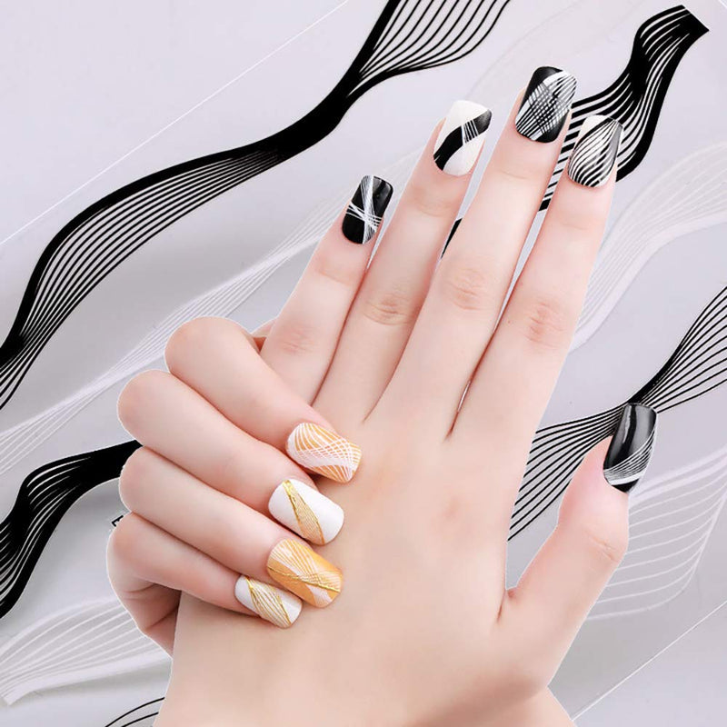 4 Sheets Nail Stickers 3D Self-Adhesive Nail Art Sticker Decals Metal Design DIY Wave Strips Lines Foil Decoration Tools for Women Kids - BeesActive Australia