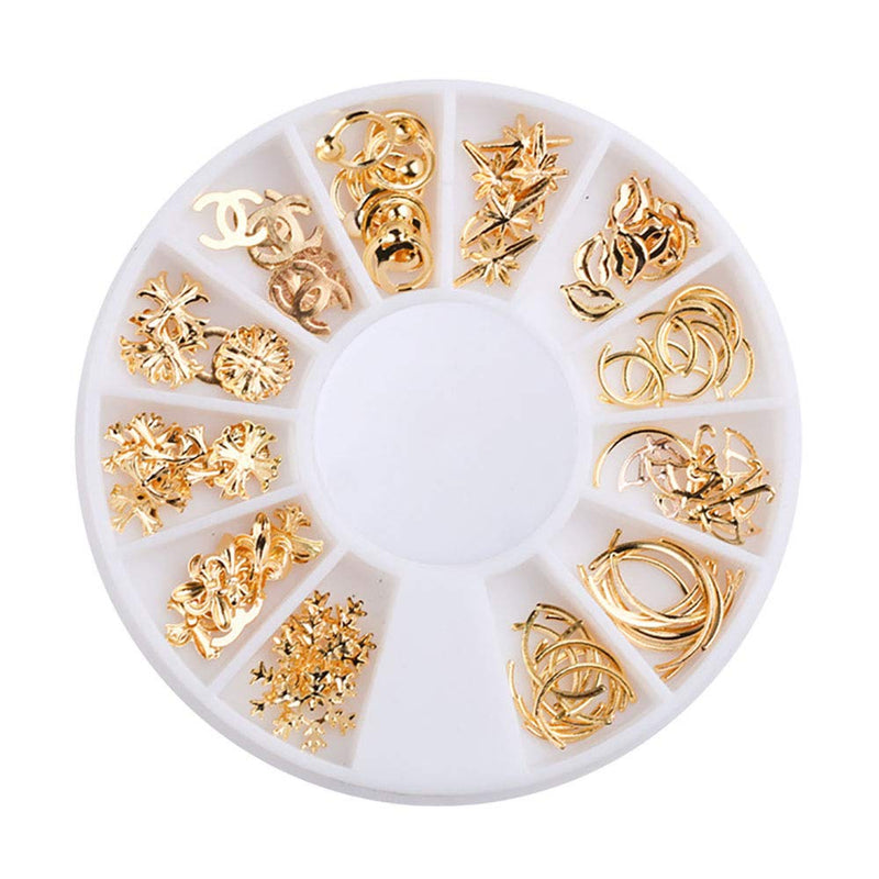 WOKOTO 7 Boxes Gold Hollow Nail Studs 3D Punk Metal Rivet Shell Feather Nail Art Jewels Decoration Wheel Manicure With 1Pc Tweezers And Picker Pencil KIT1 - BeesActive Australia