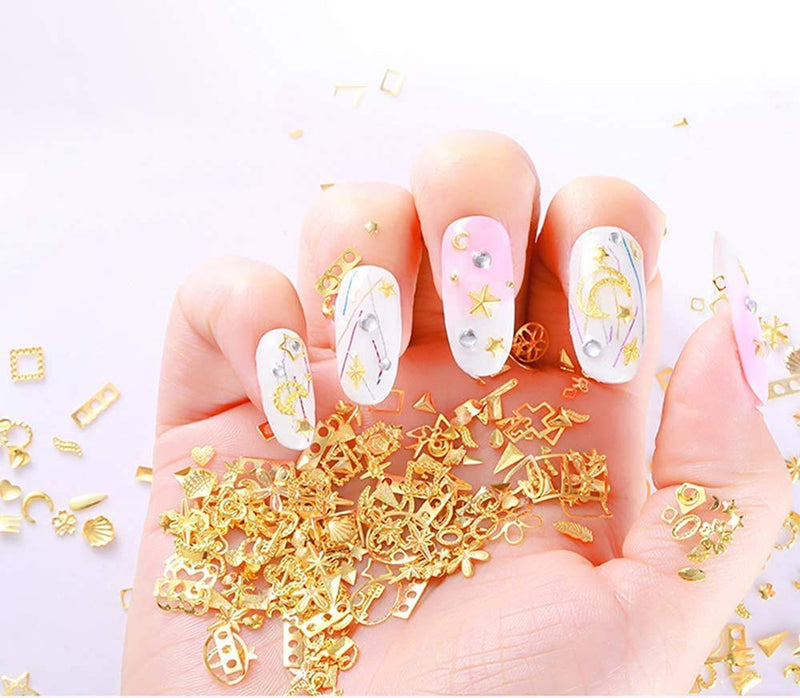 6 Boxes Metal Nail Studs 3D Nail Art Decorations Glitter 3d Nail Charms Design Gold Jewels Rivet Micro Caviar Beads Star Moon Heart Feather Nail Kit supply - BeesActive Australia