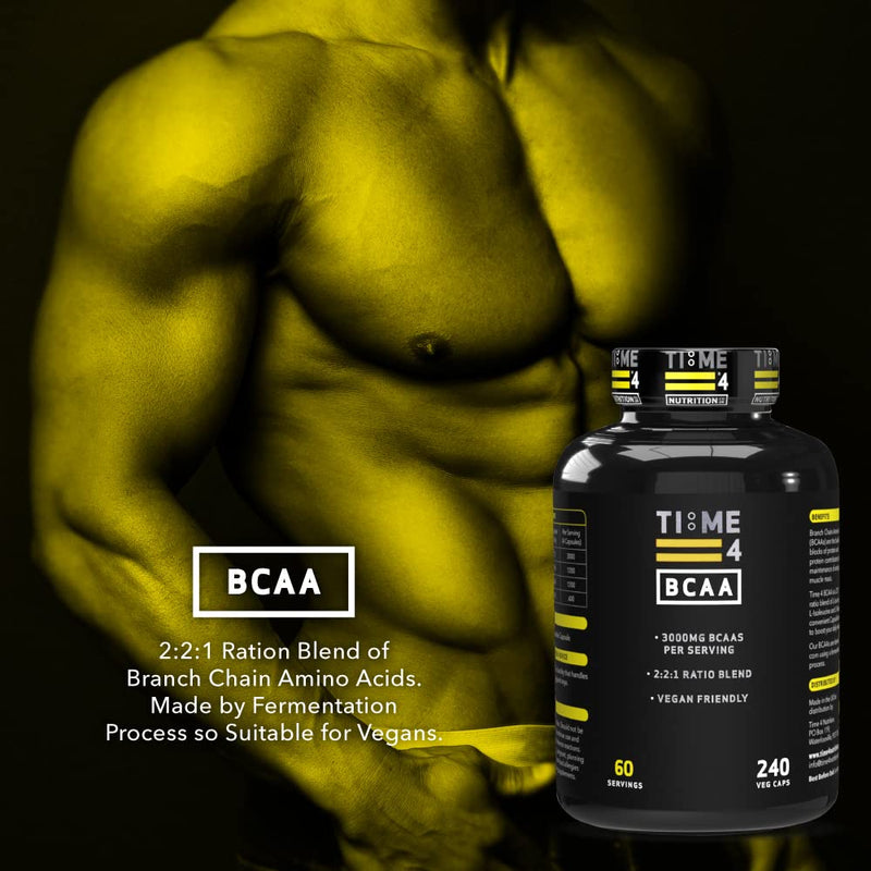 Time 4 BCAA - 240 Capsules High Strength Branch Chain Amino Acids Made By Fermentation Process for Muscle Growth, Tissue Repairing, & Energy Production Vegan BCAA Capsules Not BCAA Amino Acids Tablets - BeesActive Australia