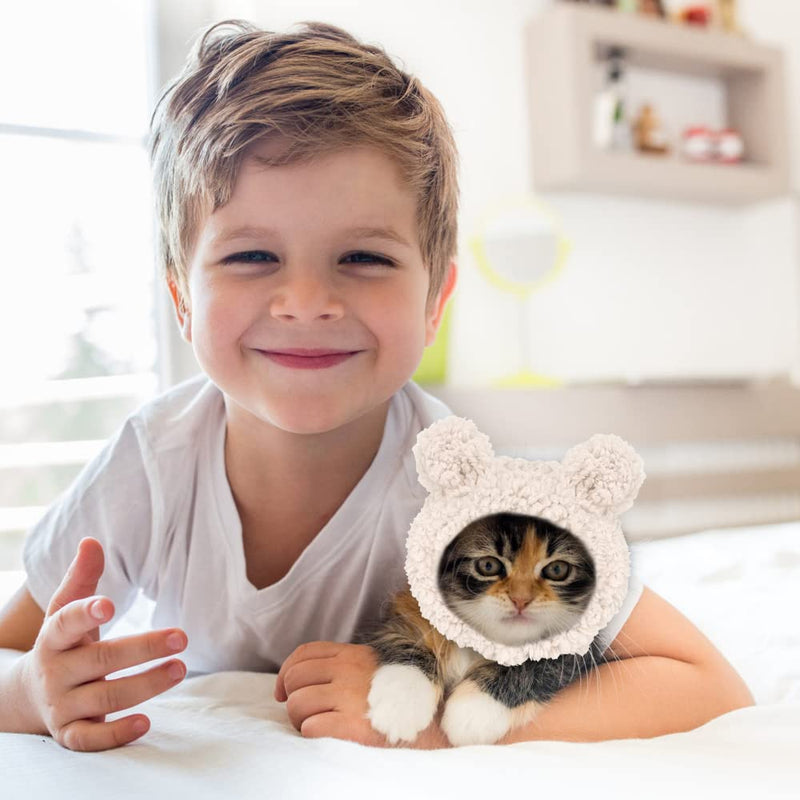 JOICEE Cute Cat Costume Warm Bear Hat for Cat Adjustable Soft Small Pet Headwear Bear Hat for Cat Puppy Dog White - BeesActive Australia