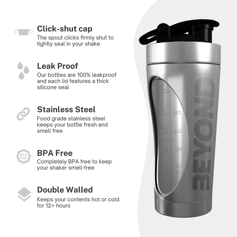 Beyond Fitness Premium Insulated Stainless Steel Protein Mixer Shaker Supplement Bottle - Metal and BPA Free Brushed Steel - BeesActive Australia